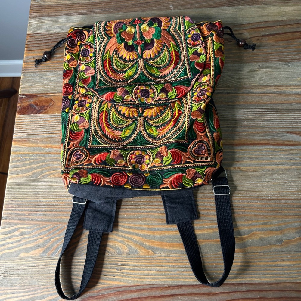 Bohemian Floral Embroidered Backpack Drawstring Festival Bag‎